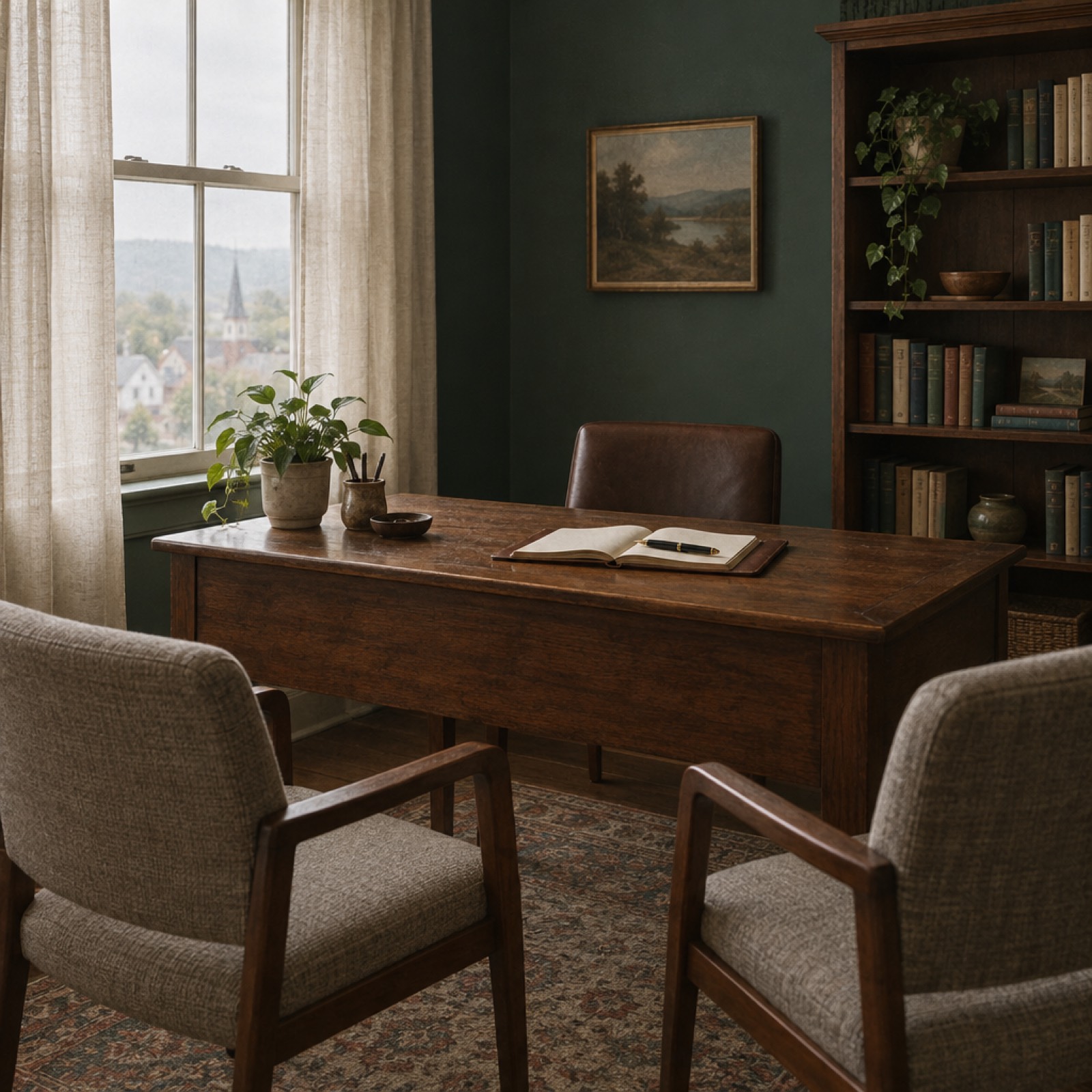 A quiet advisory office in morning light, with a desk, an open notebook, and two chairs