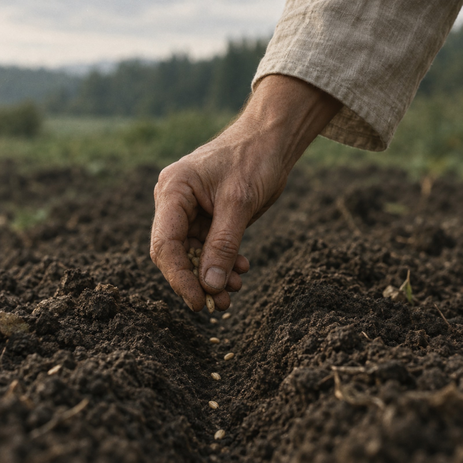A weathered hand placing seeds into a furrow of dark soil