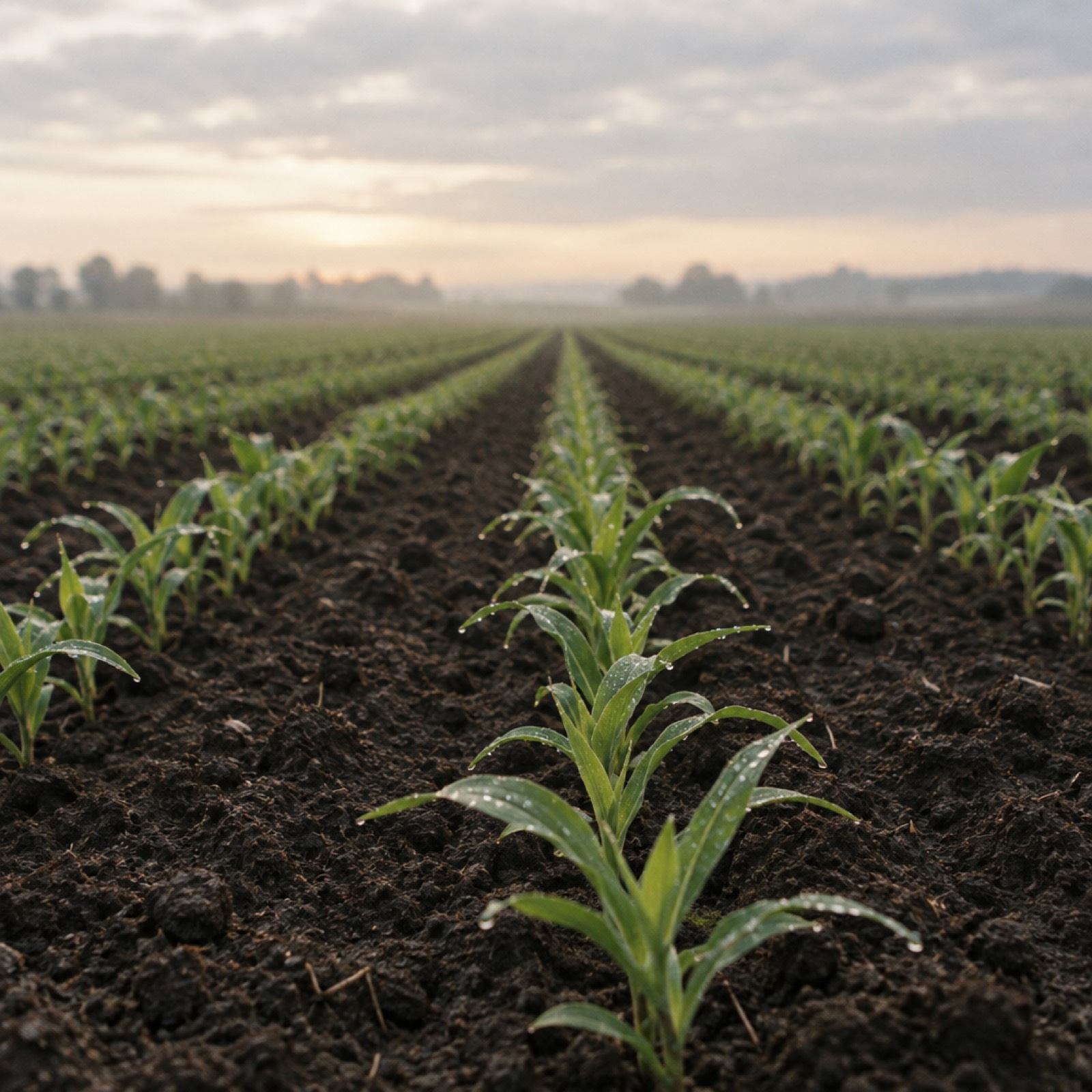Rows of young seedlings coming up through dark soil at dawn
