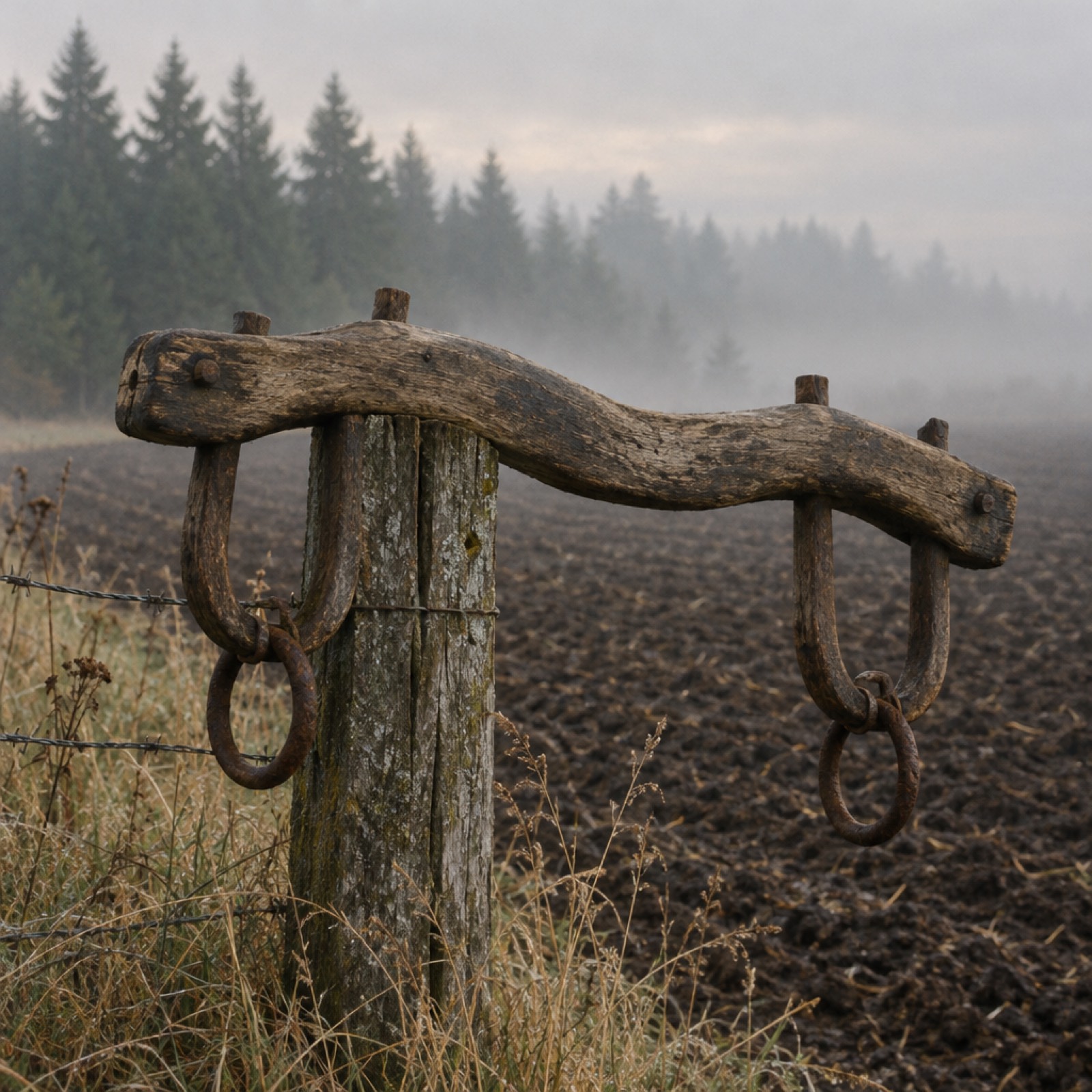 A worn wooden ox yoke resting on a fence post at the edge of a plowed field